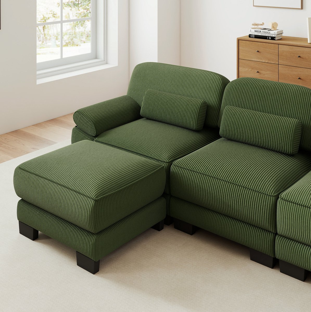 REDOM Hoekbank - 4 zitplaatsen - Modulair systeem - Hocker als voetensteun of bijzettafel - Corduroy stof - Groen - 336 x 161 x 94 cm