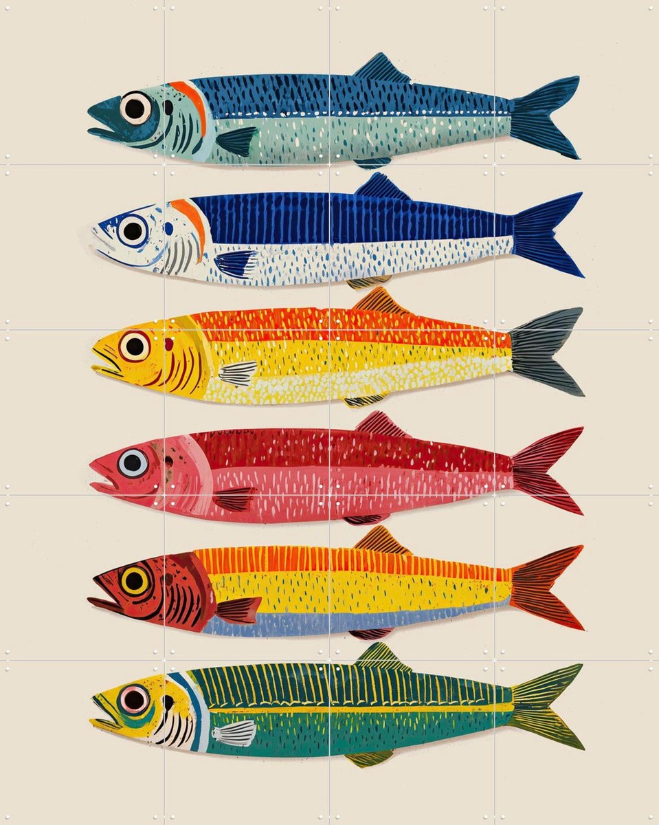 IXXI Sardines In Color, Branka Kodžoman - 80 x 100 cm - Gratis ophangtool - Grote wanddecoratie en posters - Retro, Speels, Kleurrijk, Strandhuis