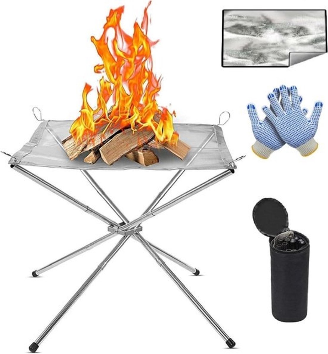 Opvouwbare vuurkorf met draagtas en handschoenen - roestvrij staal - voor camping en picknick