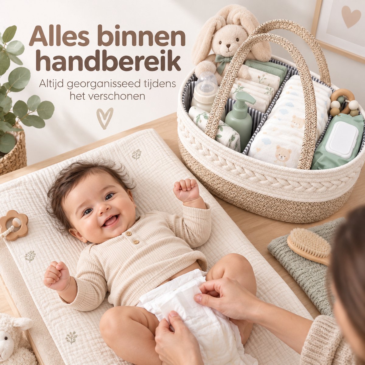 Luiermand voor Commode – Baby Organizer met Uitneembare Vakken – Commodemandje met Handvatten – 36 x 22 x 18 cm – Opbergmand voor Luiers, Doekjes & Babyverzorging – Beige – foto 2