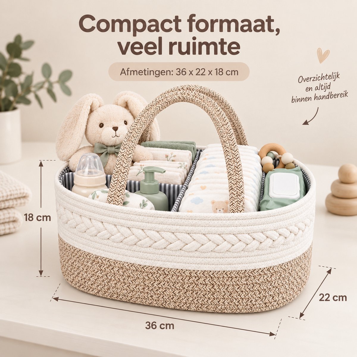 Luiermand voor Commode – Baby Organizer met Uitneembare Vakken – Commodemandje met Handvatten – 36 x 22 x 18 cm – Opbergmand voor Luiers, Doekjes & Babyverzorging – Beige – foto 5