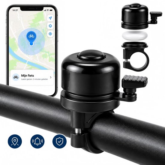 Zwarte fietsbel met tracker op een fietsstuur, naast een smartphone met fietsnavigatie. Iconen voor locatie, geluid en diefstalpreventie.