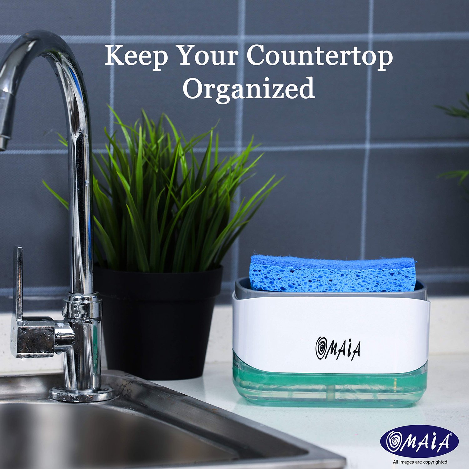 OMAIA 2-in-1 keukenzeepdispenser met sponshouder - afwasvloeistofdispenser voor keuken - slimme keukengadgets 2023 - gootsteen aanrecht organizer - af