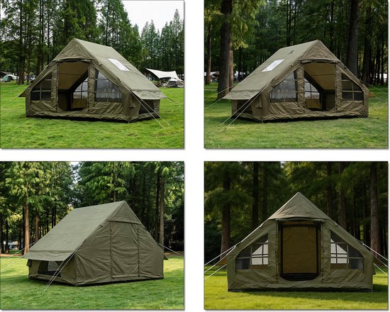 Norvikx Opblaasbare Glampingtent 3-4 Personen - 300x210x200 cm - Luxe Opblaastent met Luchtframe & Handpomp - Waterafstotend 300D Oxford & PVC Kuipzeil - Dubbele Deur, Klamboe Gaasramen & Schoorsteenopening - Legergroen — afbeelding 3