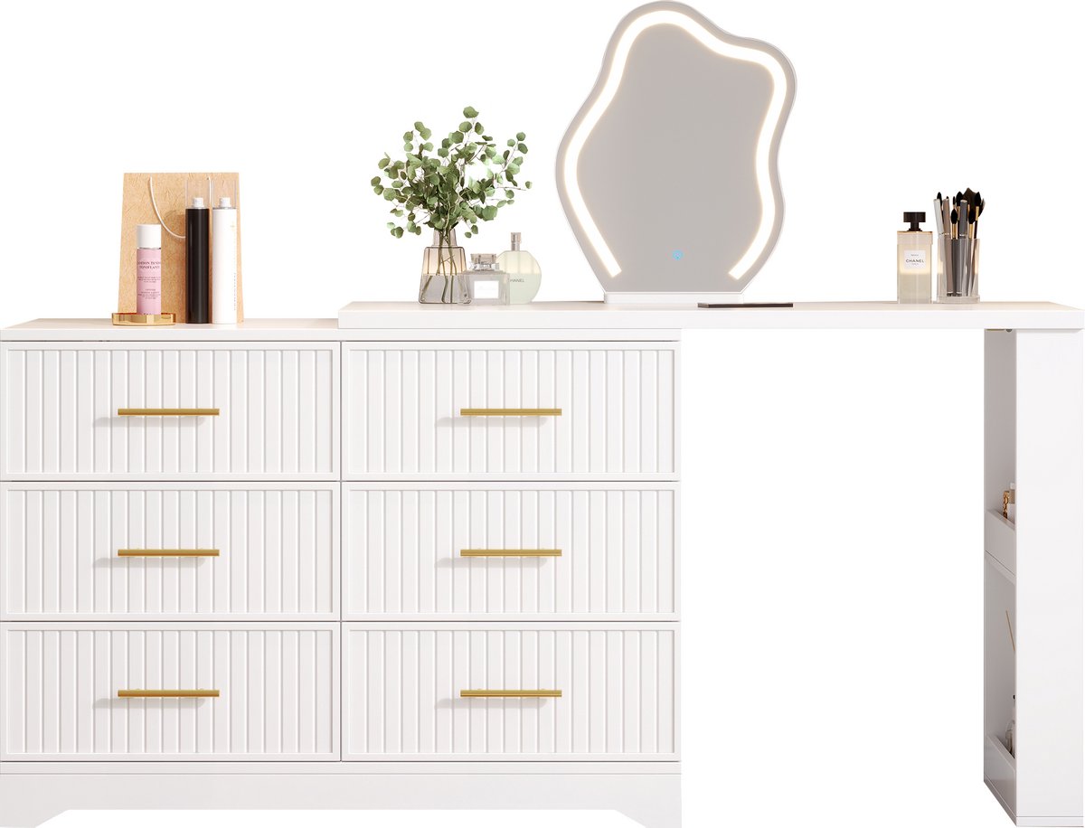 Kaptafel Met Spiegel En LED - Draaibaar L Vormig Ontwerp Met 6 Lades - Make Up Tafel Voor Slaapkamer Dressing En Kantoor - Wit Met Goud
