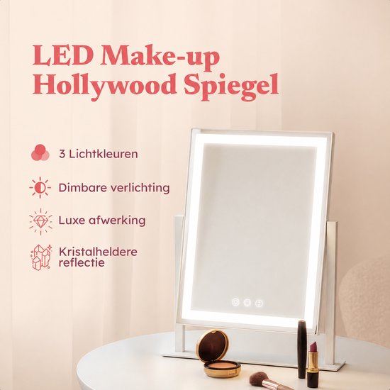 Luxe witte Hollywood make-up spiegel met LED-verlichting en touchbediening, inclusief make-up.