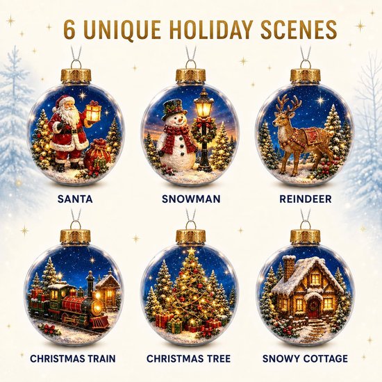 Collage van zes unieke verlichte kerstballen met scènes: Kerstman, Sneeuwpop, Rendier, Trein, Kerstboom, Huisje.