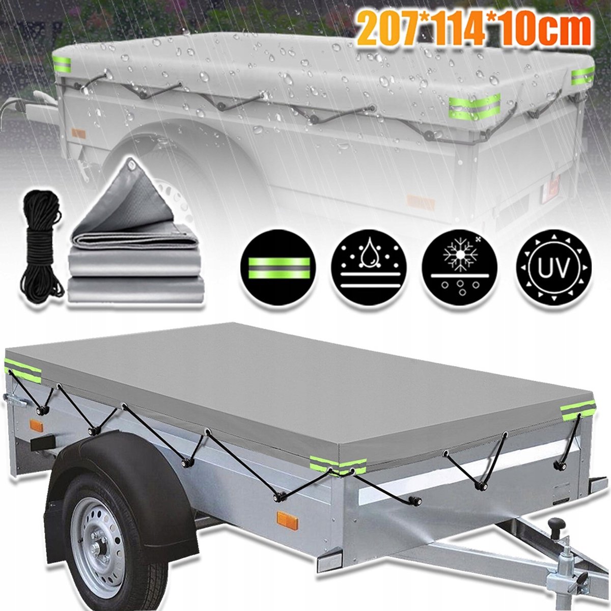 420D Oxford En 8m Touw – Aanhangerhoes Met Reflecterende Veiligheidsstrip – Waterdicht, Stofdicht En UV-Bestendig – Veilige Pasvorm Voor Alle Aanhangers – Zilver