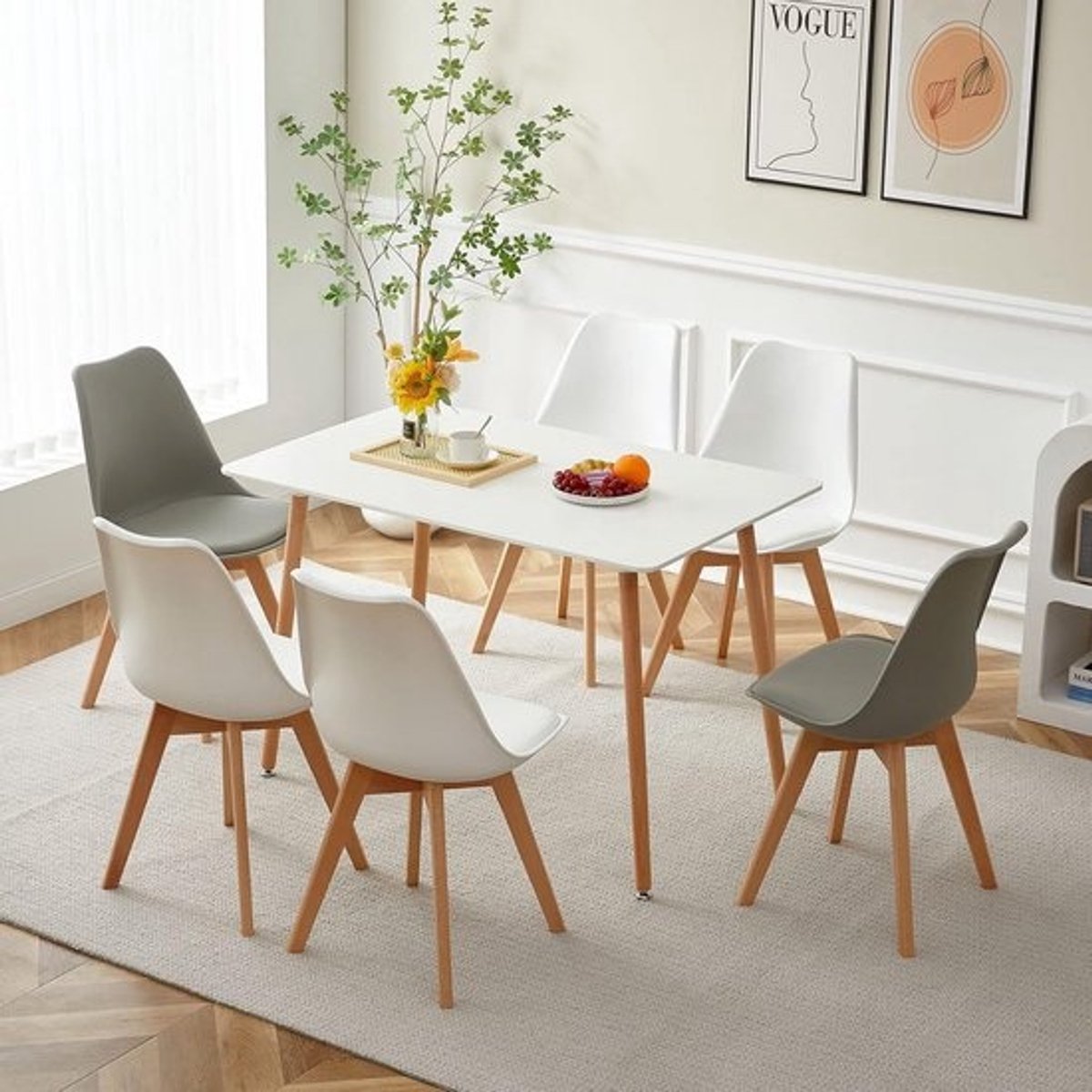 Eethoek - voor 6 personen met tafel en 6 stoelen - Witte tafel - met 4 witte en 2 grijze stoelen