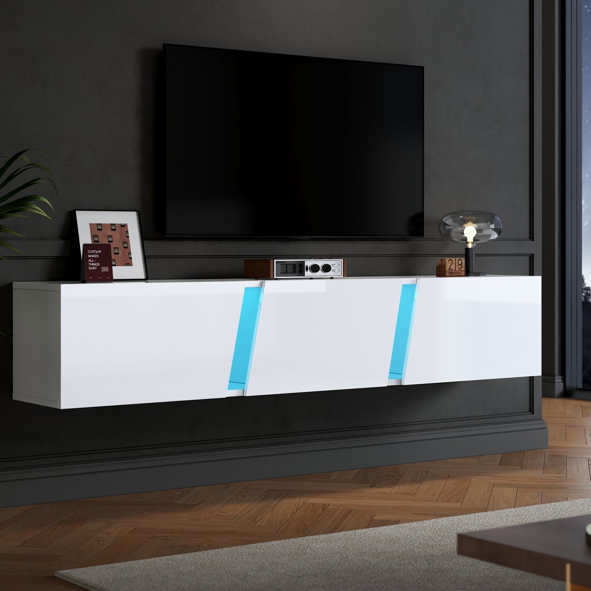 MUVANO Zwevend Tv Meubel 180 Cm - Tv Meubel Wit Hoogglans - Wandkast - Voor 75 Inch Tv - 180x35x30 Cm - Met App Gestuurde Led Verlichting - Woonkamer Wit