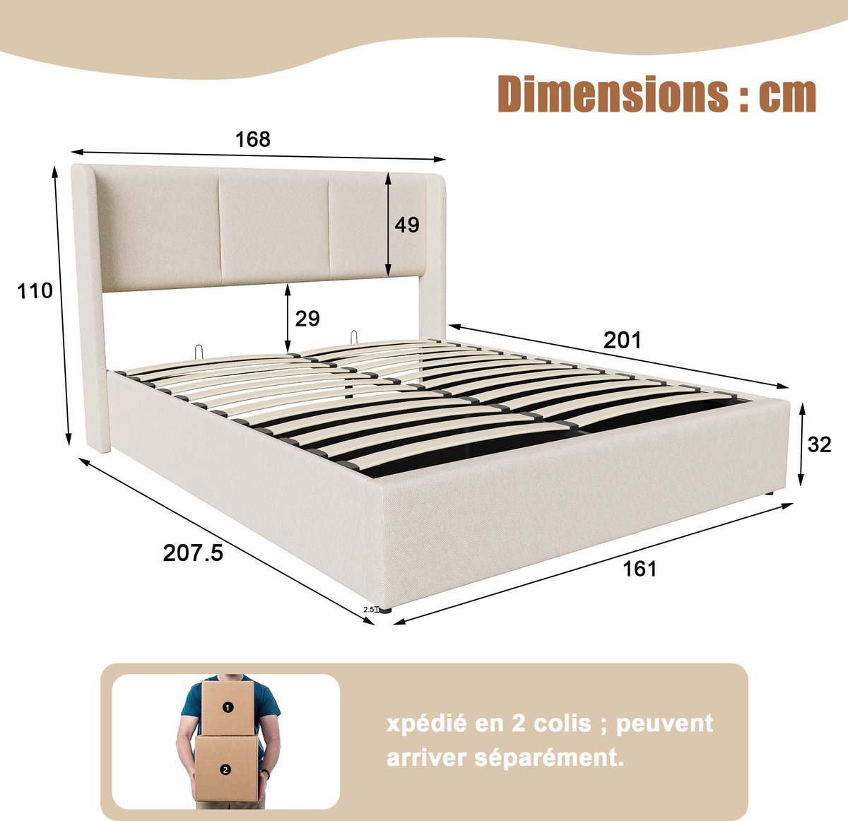 Opbergbed 160x200 cm - Beige Bedframe in Linnen Look - Tweepersoonsbed met Hydraulisch Opbergsysteem en Ruime Opbergruimte thumbnail 6