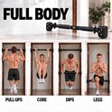 Vier panelen die een B-Physic pull-up bar demonstreren in "FULL BODY" oefeningen: Pull-ups, Core, Dips, Legs.