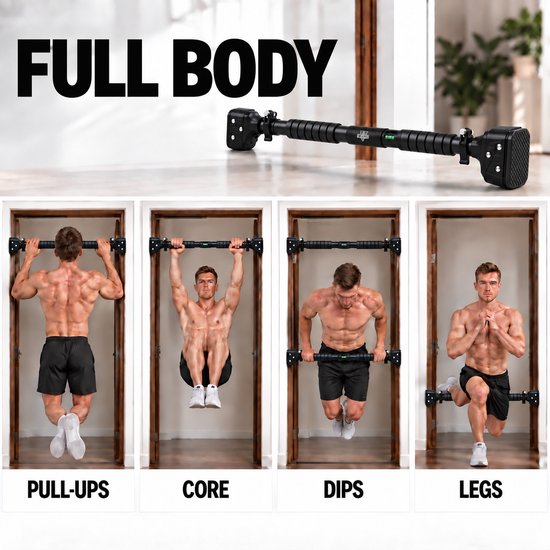 Vier panelen die een B-Physic pull-up bar demonstreren in "FULL BODY" oefeningen: Pull-ups, Core, Dips, Legs.