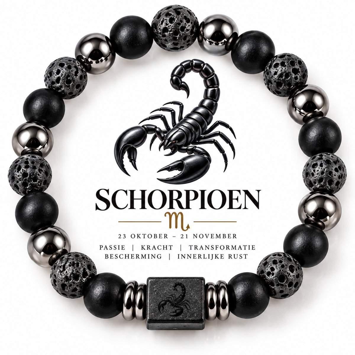 S4H® Schorpioen Sterrenbeeld Armband – 18 cm – 8 mm Lavasteen, Zwarte Agaat & Hematiet – Scorpio Zodiac Armband – Unisex
