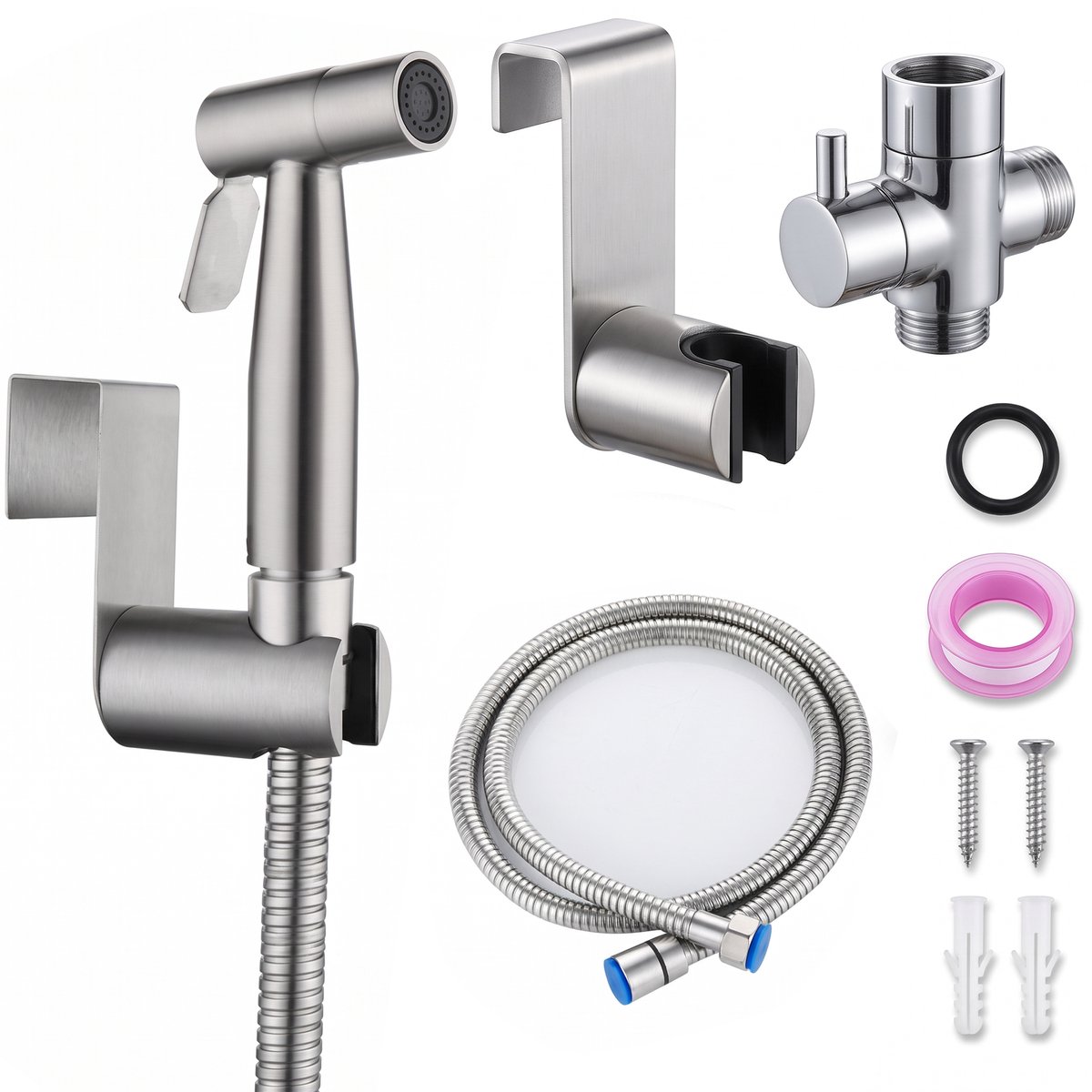 304 RVS Bidetsproeier Set - Hogedruk Toiletsproeier - Hygiënesproeier - 1.5 m Metalen Slang - Wandhouder - 1/2 Verdeelstuk - Geborsteld RVS