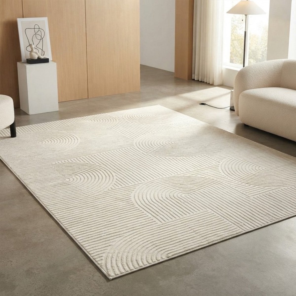 TapisTrend Designer tapijt Crème 200x290 cm Modern vloerkleed met geometrisch reliëf, afgeronde lijnen, minimalistisch design, antislip, woonkamer Beige