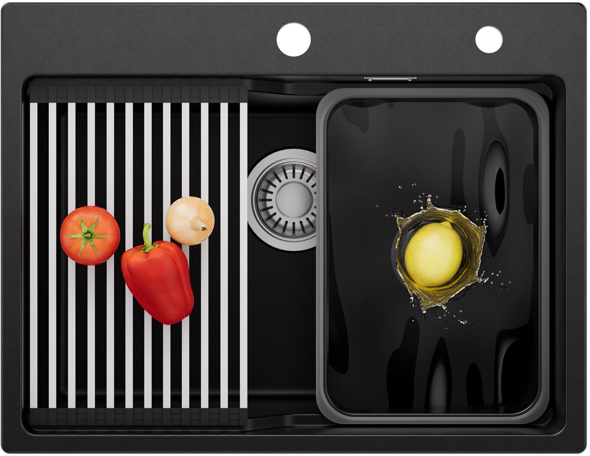 CECIPA Max Spoelbak Keuken - Granieten Spoelbak 60 x 46CM - Multifunctioneel Spoelbak - Spoelbakken Met Afdruipkom | Afdruipblad | Zeepdispenser - Wasbak Keuken Met Sifon - Zwart