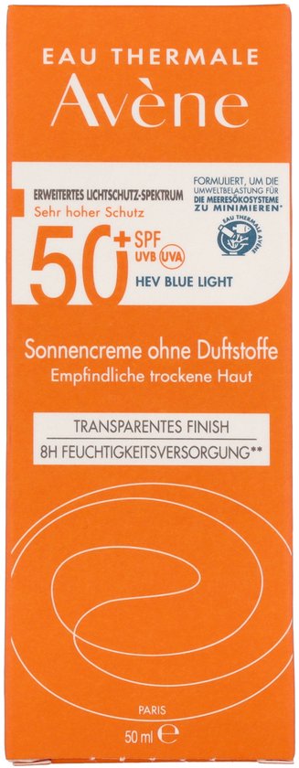 Oranje doosje met "Avène" logo, "50" en "SPF 50+". Tekst: "Sonnenschutzcreme ohne Duftstoffe". Beschermt tegen UV licht.