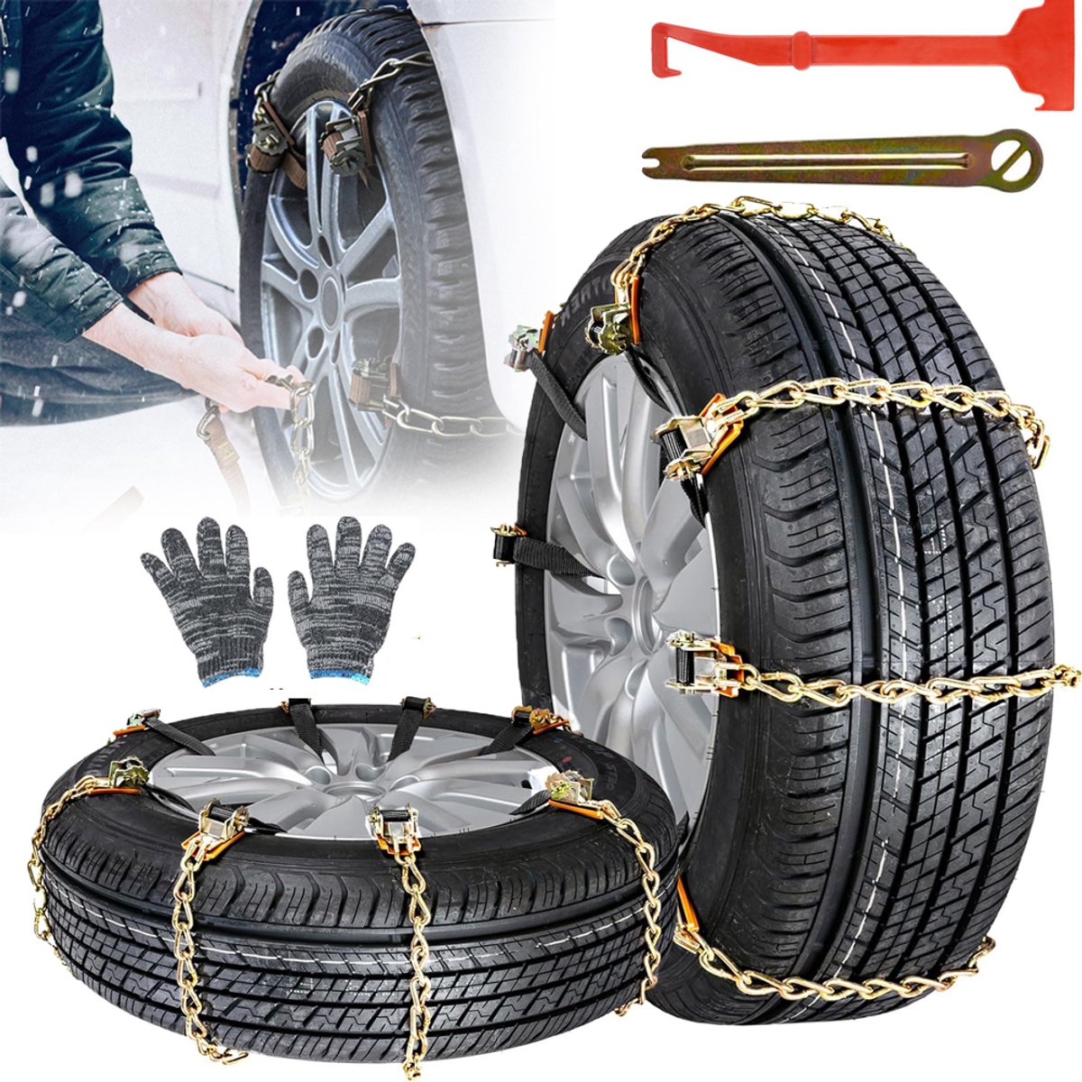 8-Delige Sneeuwketting Set Universeel 165-330mm - Antislip Winterbanden Kettingen voor Auto SUV Bestelwagen - Met Noodtractie Haken Handschoenen Sneeuwschop Opbergtas - Goud productafbeelding