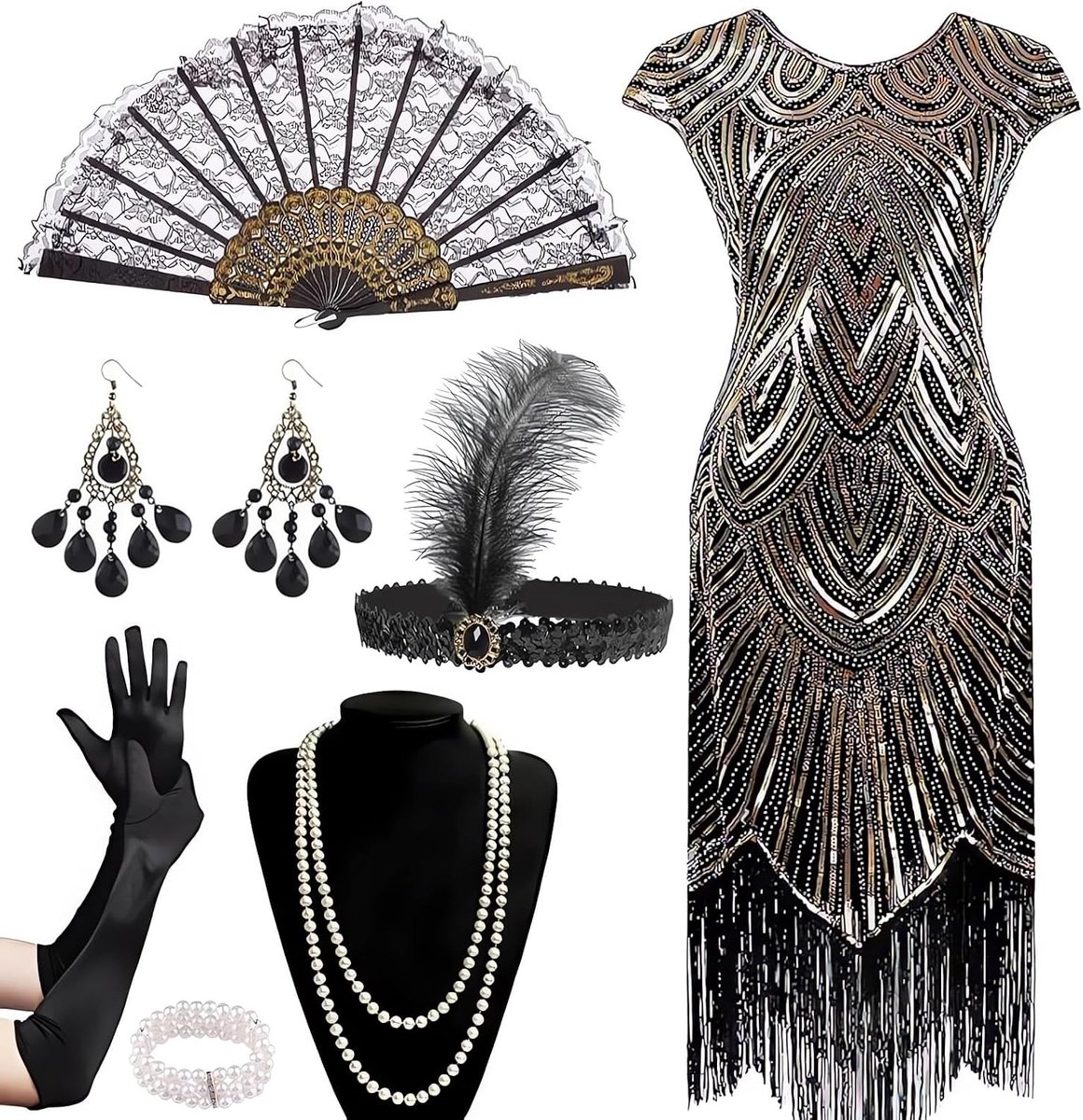 20-jurk voor dames met pailletten en franjes, jaren 20-jurk Charleston met accessoires, jaren 20-kostuum, flapper, damesjurk voor feestjes en carnaval