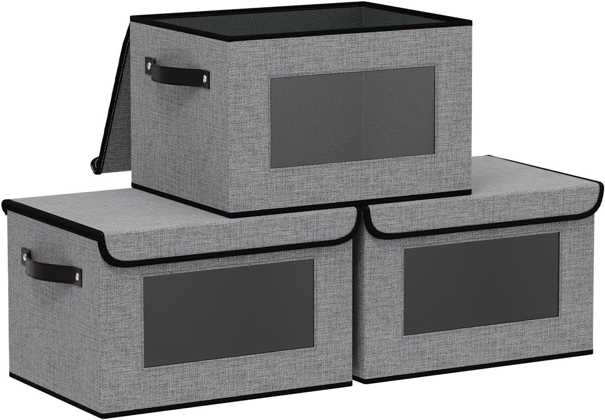 3 stuks opbergdozen, stof, opvouwbare opbergdoos, dozen met deksel, opbergdozen, kastorganizer met venster, grijs, 26 x 20 x 17 cm