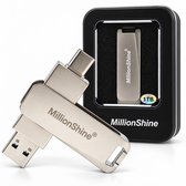 MillionShine USB Stick - USB 3.2 Gen1 C en A - 1 TB - 2640Mbps Snelle Overdracht - Flashdrive - Zakelijk en Prive Opslag - Compatible met iPhone en Android - Luxe Design Metaal Zilver