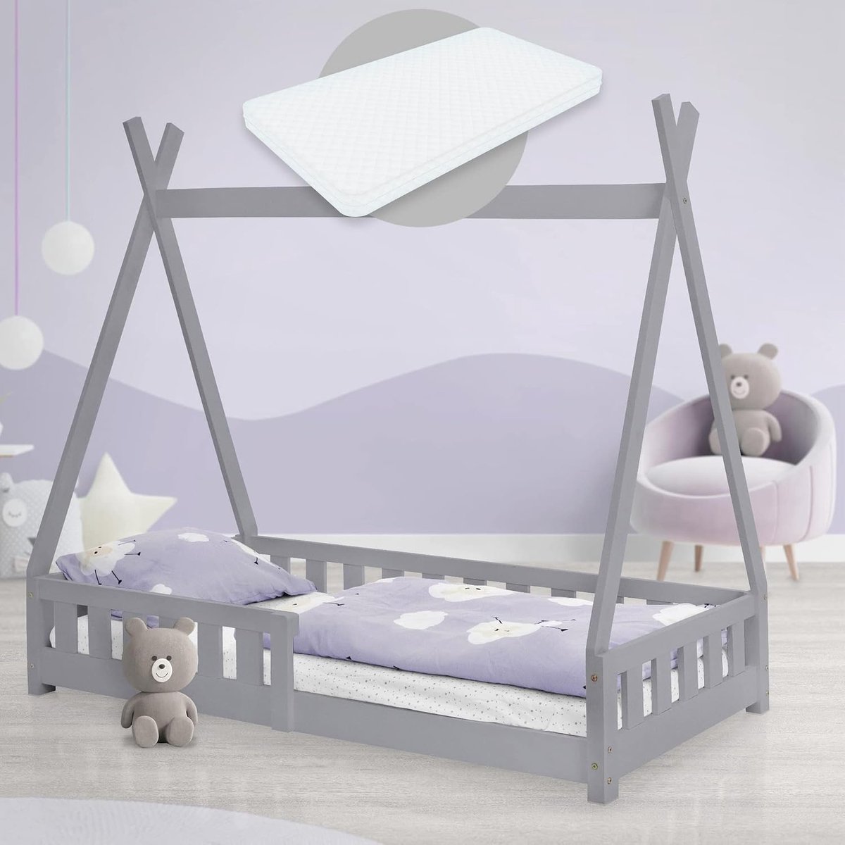 Kinderbed tipi 80x160 cm lichtgrijs met matras, valbeveiliging & lattenbodem, gemaakt van grenenhout, Indisch bed massief hout voor meisjes & jongens huisbed met hek, jeugdbed speelbed bed