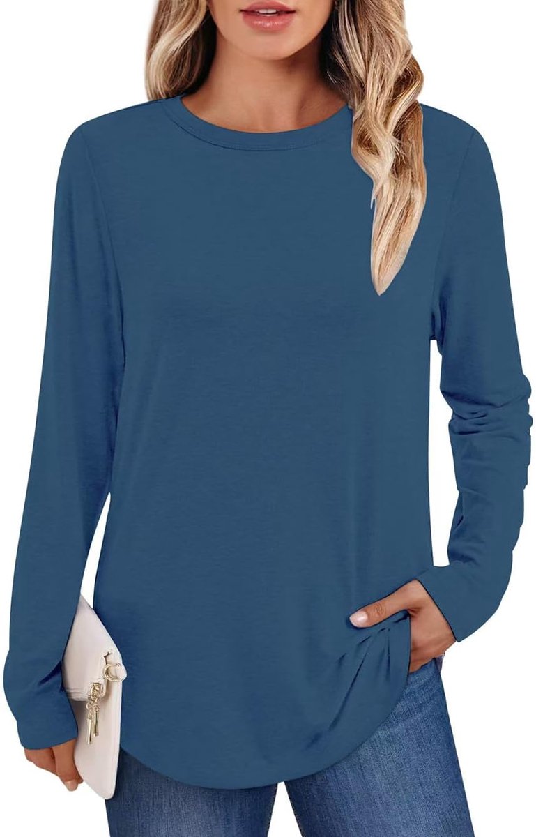 Casual Effen Lange Mouw T-shirts Tuniek Tops Ronde hals Losse Fit T-shirts