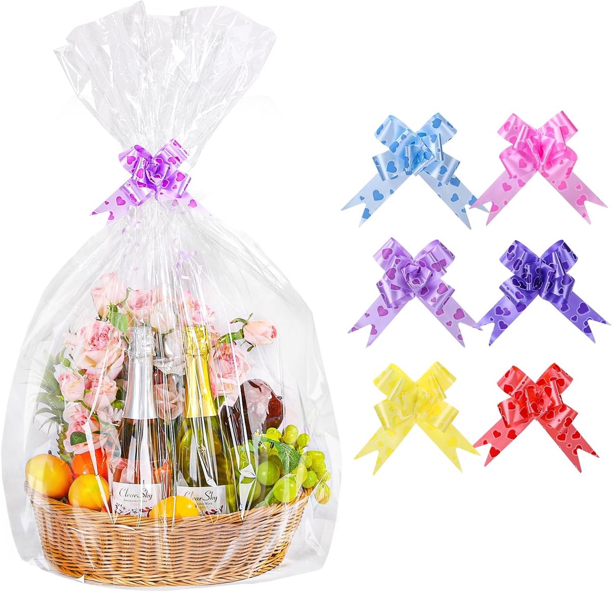 6 STKS Extra Grote Cellofaan Zakken voor Hampers, 30 "X40" Mand Wrapping Cellofaan Mand Cellofaan Wrap en Boog voor Gift Mand Mand Kit Kerst Wrap