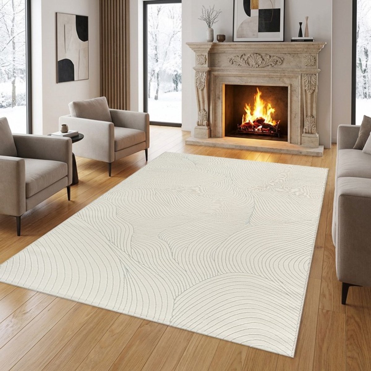TapisTrend Designer tapijt Crème 240x340 cm Modern vloerkleed met overlappende golvende lijnen en een topografisch effect voor de woonkamer, slaapkamer en eetkamer Beige