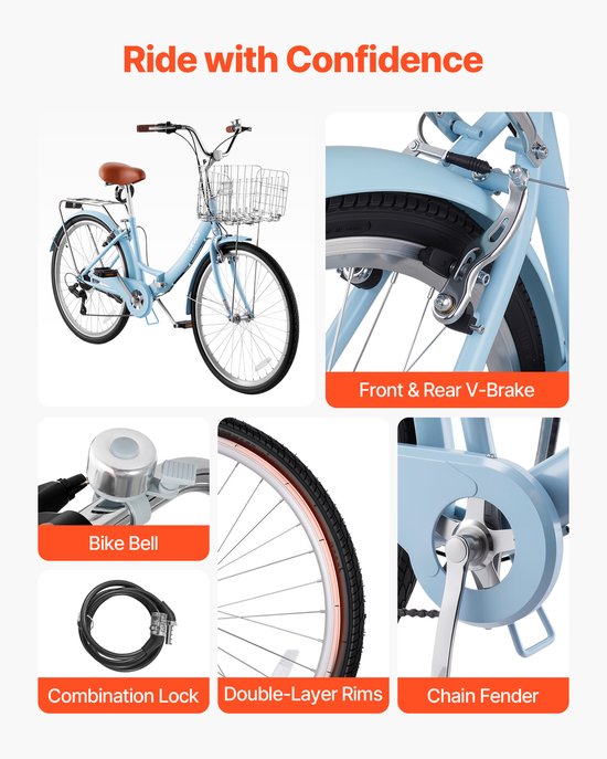 VEVOR Damesfiets 26 inch 7-Versnellings Cruiser Stadsfiets Lichtblauw Opvouwbaar, voor Stad, Strand, Winkelen en Reizen, met Lage Instap, Opvouwbaar Voormandje, Bagagedrager tot 50 Kg en Dubbele V-Remmen — afbeelding 5