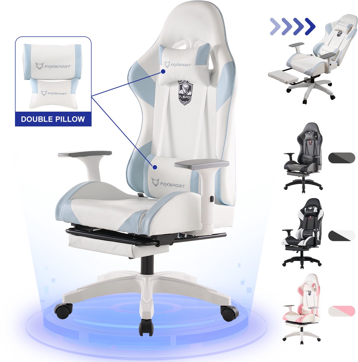 FOXSPORT Gamestoel - Gaming Chair - Ergonomisch - Verstelbaar - Met lendensteun en hoofdsteun - Met voetsteun - Bureaustoel - Racing -Wit / Blauw van FOXSPORT