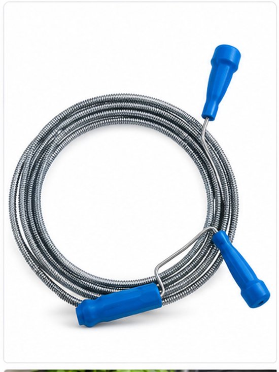 Een opgerolde ontstopper veer met twee blauwe handvatten en een metalen spiraal.