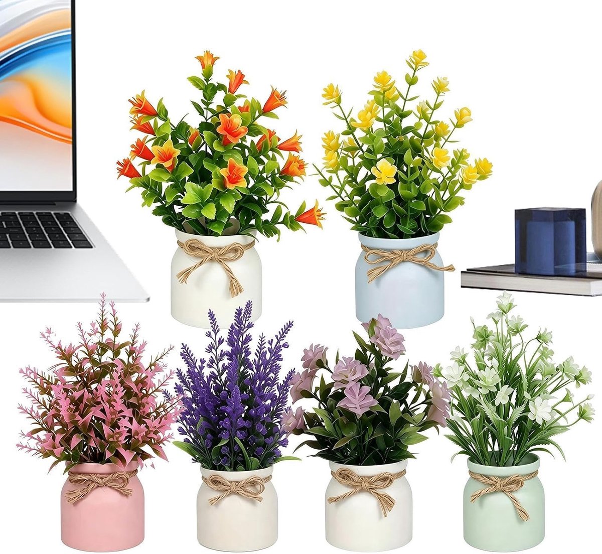 Nepbloemen in potten Kleurrijke rustieke tafel Centerpieces