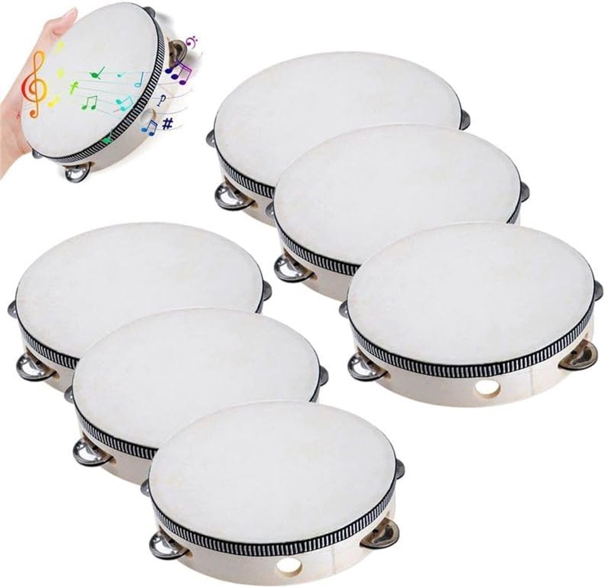 6 stuks handtamboerijn, 15 cm, muzikale tamboerijn, tamboerijn, percussie-instrument voor yoga, kerk, feest, school, dansen, vrijetijdsevenementen