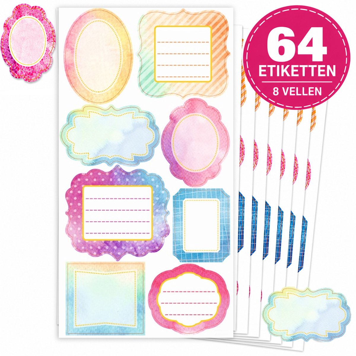 Kleurrijke beschrijfbare Etiketten - 8 Stickervellen met 64 Stickers - Schoolspullen