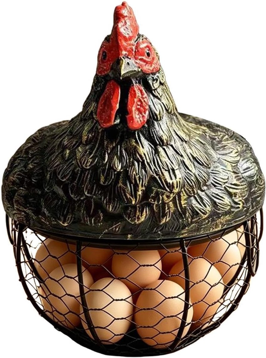 Eiermand van metaaldraad, decoratieve mand in boerderijstijl met deksel, kippenmotief, toonbankstandaard voor eierschaal, voor huis, landschap, keuken, boerderijtafel, tuin, buiten, zee
