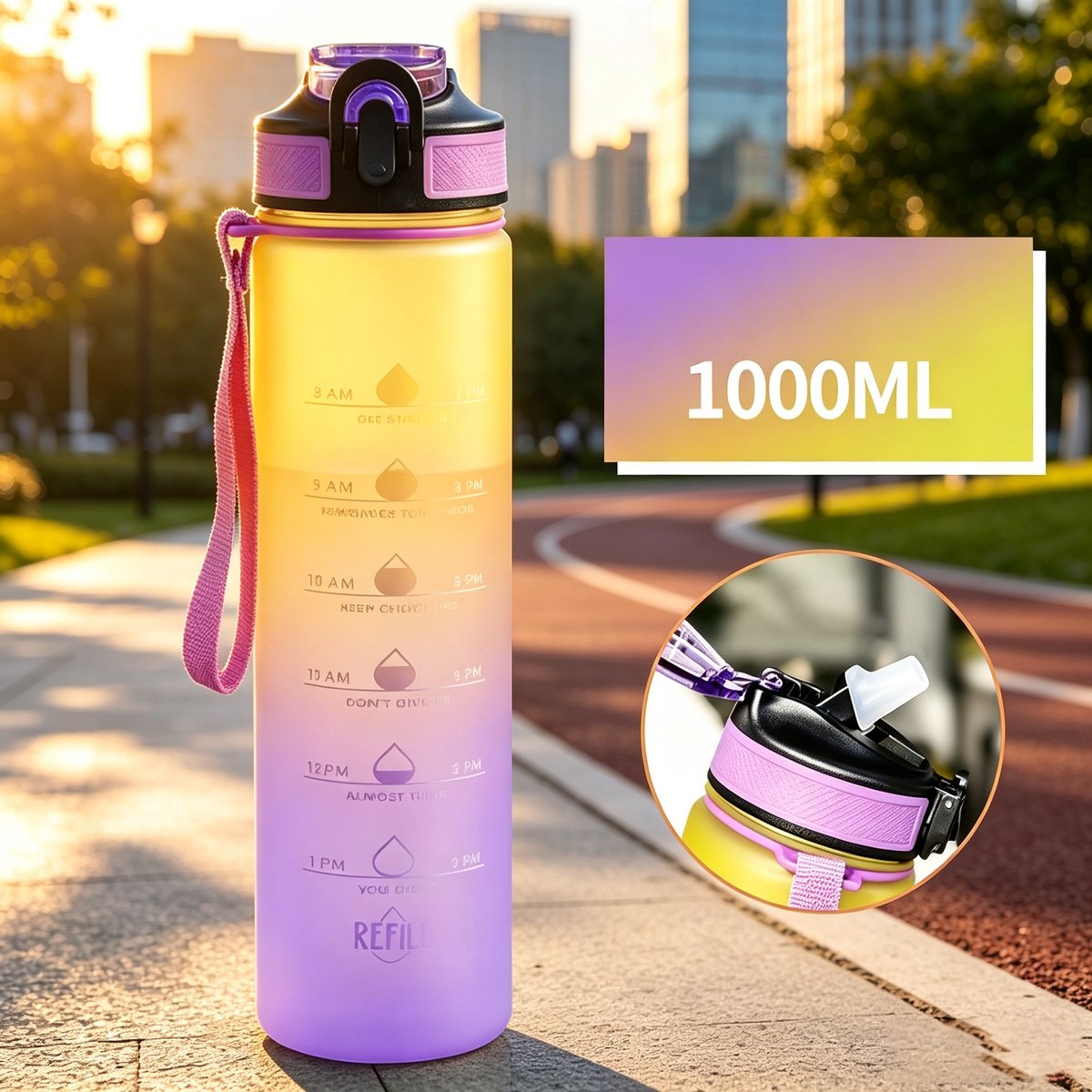 Sportwaterfles 1000 ml met drinktijdindicator en rietje met draaghandvat lekvrij BPA-vrij en gifvrij blijf gehydrateerd afmetingen 7,5 x 29 cm kleurverloop geel