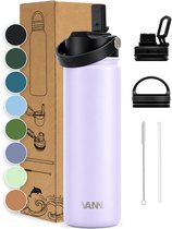 VANN® 3-Wandige RVS Drinkfles 650 ML met rietje voor volwassenen – Met 5 accessoires – Thermosfles – 24 uur koud/12 uur warm – Love Lila – VANN Ultimate Bottle®