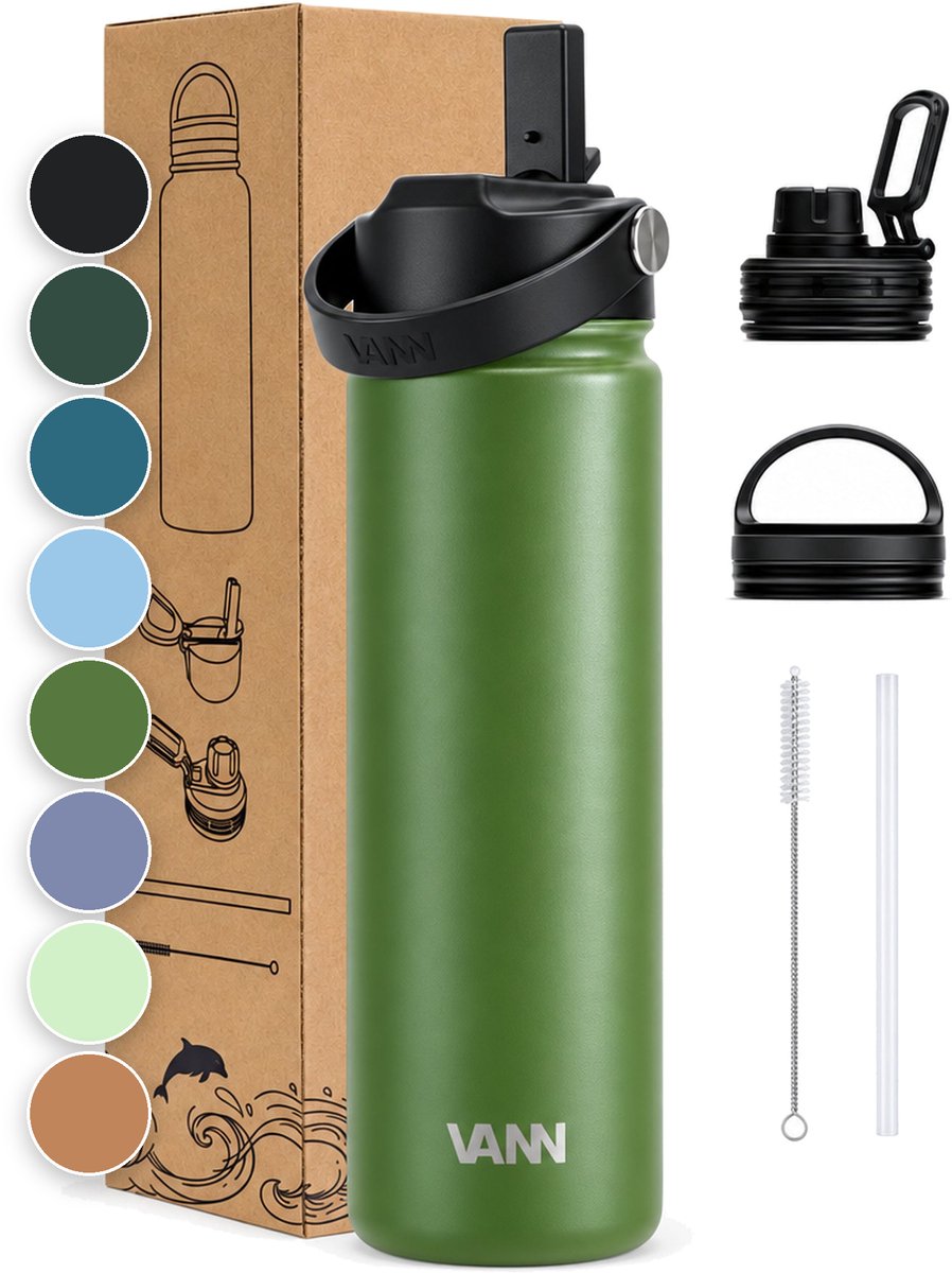 Bol.com VANN® 3-Wandige RVS Drinkfles 650 ML met rietje voor volwassenen – Met 5 accessoires – Thermosfles – 24 uur koud/12 uur ... aanbieding