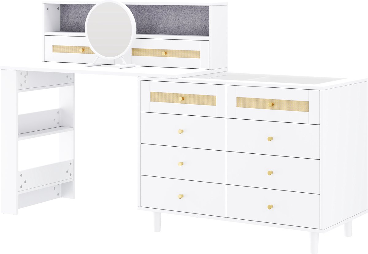 Kaptafel Met Spiegel En 10 Laden - Sieradenkast En Gehard Glazen Blad - Veel Opbergruimte Voor Slaapkamer - Witte MDF Kaptafel