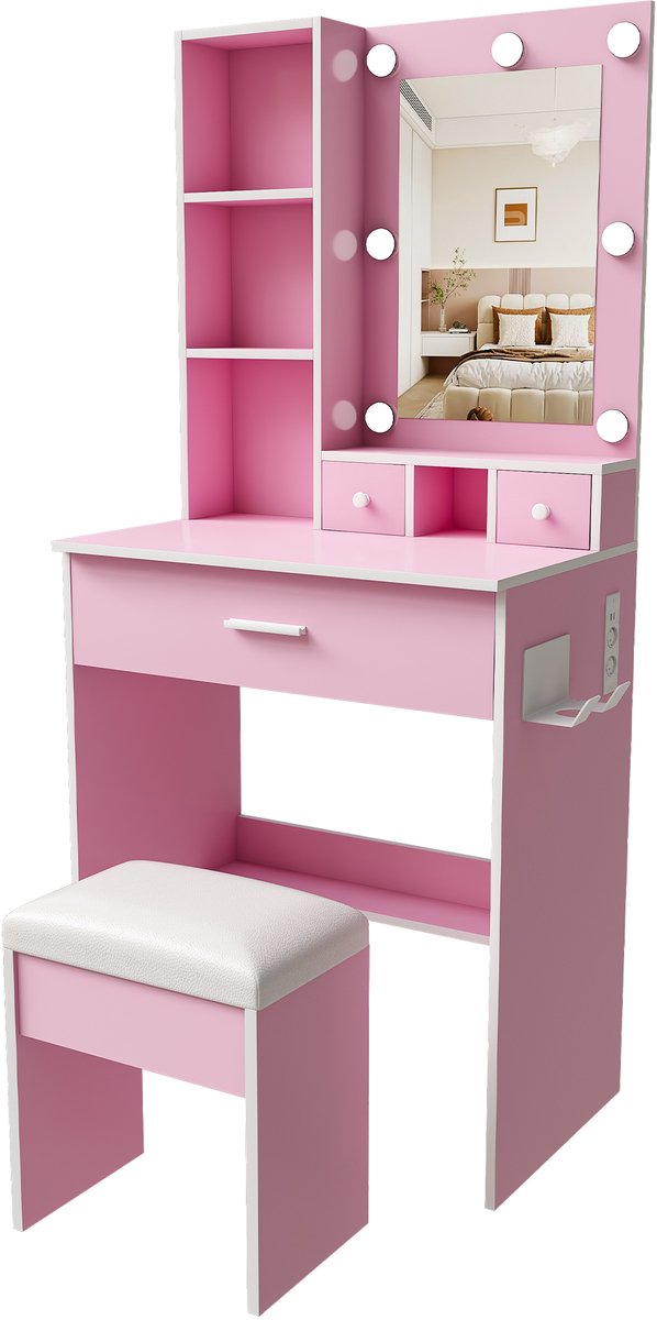 Kaptafel met Spiegel en Gevoerde Kruk - Dimbare Ledverlichting in Drie Lichtkleuren - Lades en Open Vak - Slaapkamer - Roze MDF 60 cm
