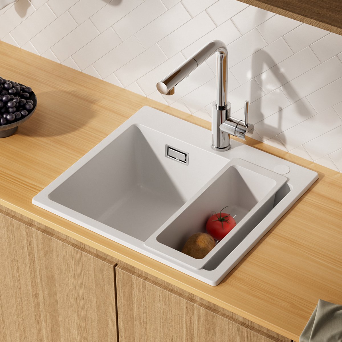 SOFETIY MAX 50x45 cm Luxe Spoelbak Keuken - Granieten Gootsteen Wit Composiet - Kras- en Hittebestendig - Opbouw Wasbak Keuken - Spoelbakken Met Afdruiprek en Waterafvoersysteem