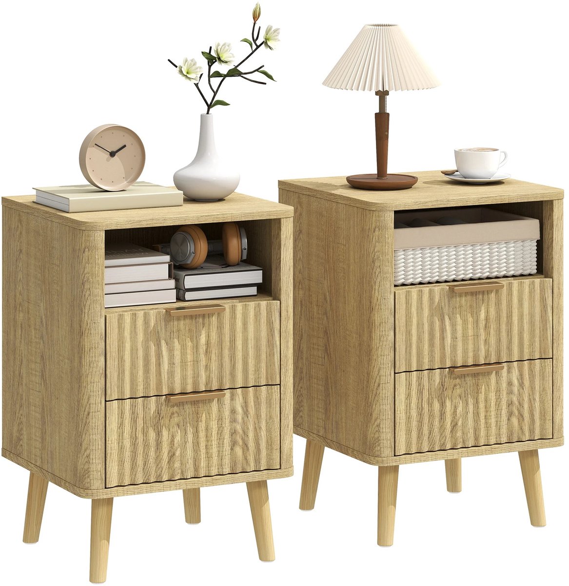 Bresht Nachtkastjes - Bijzettafel - Bedkastjes - Set van 2 - 2 lade - Melamine afwerking - MDF - Houtlook - 40 x 40 x 61 cm