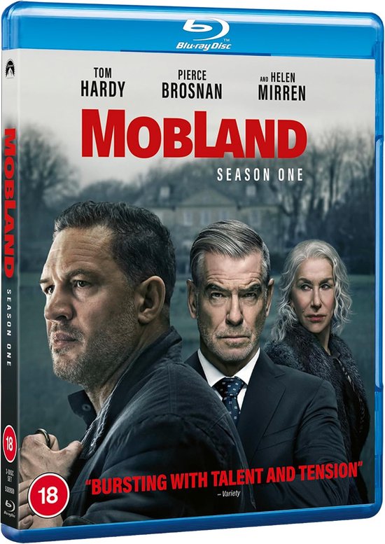 Boîtier Blu-ray de Mobland Saison 1 avec Tom Hardy, Pierce Brosnan et Helen Mirren.