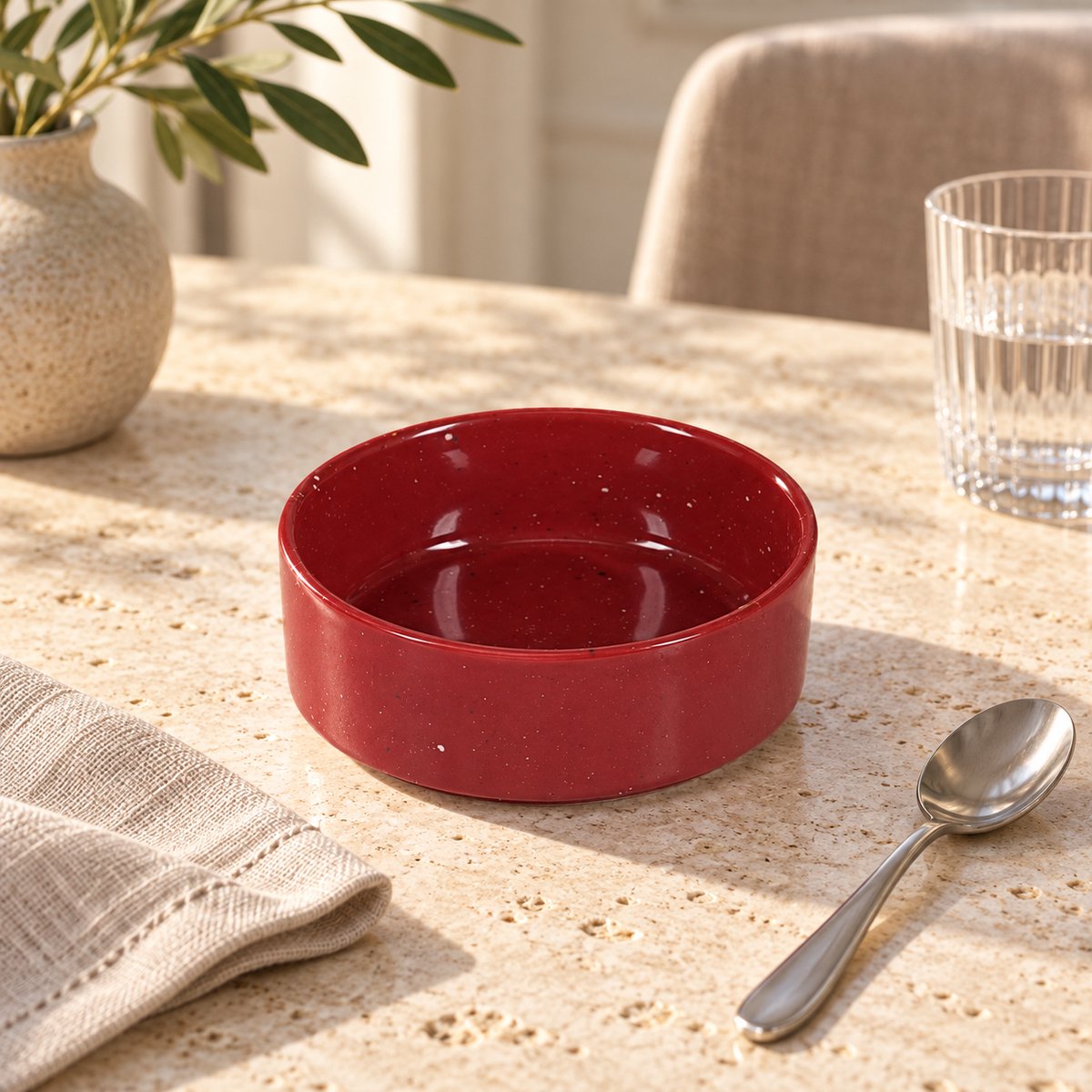 Fameilleur Kommen Set van 4 – Bordeauxrode Porseleinen Kommen Ø 13 x H 5,5 cm – 50 cl per Kom – Gespikkelde Ontbijtkommen en Dessertkommen met Reactief Glazuur –Ronde Snackschalen voor Yoghurt, Fruit, IJs, Bijgerechten en Borrelhapjes