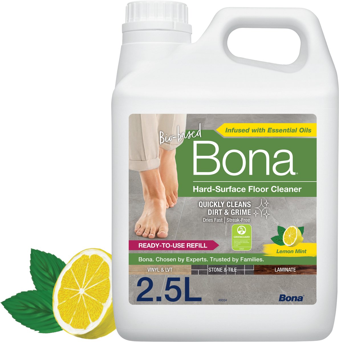 Bona Harde Vloer, Tegel en Laminaat Reiniger - Navulling 2,5 Liter - Frisse Lemon Mint Geur - Natuursteen Reiniger - PVC Reiniger - Droogt Snel - Gebruiksklaar