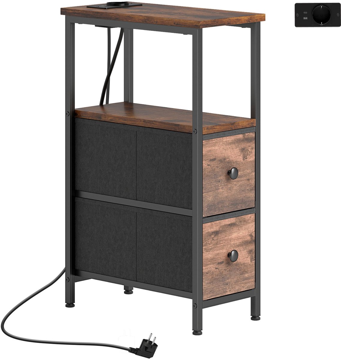 Homona Bijzettafel met oplaadstation - Met 2 stoffen lades en open vak - 20 x 40 x 63 cm - Rustiek bruin en zwart