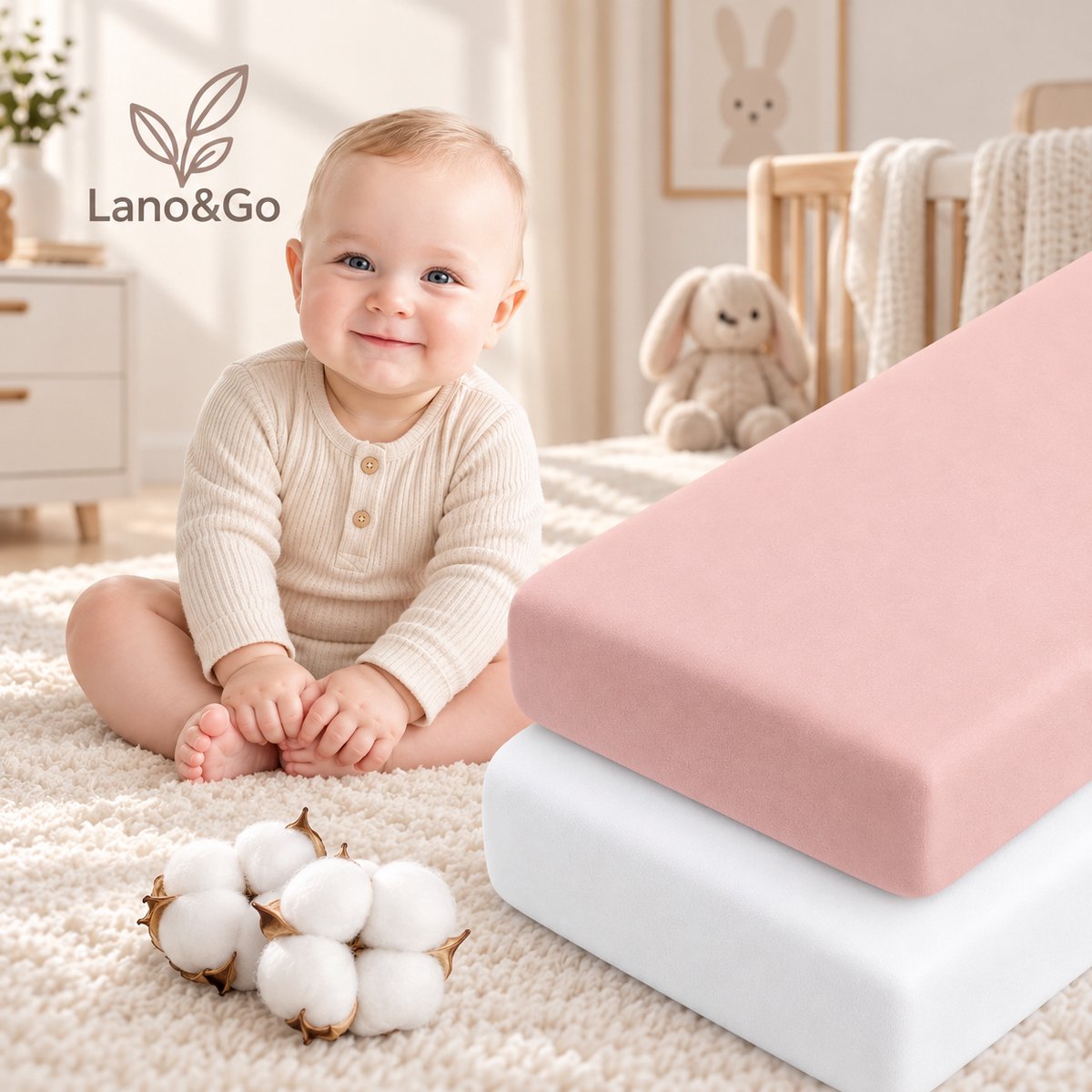 Lano&Go Set van 2 Hoeslakens 50x83 cm – Oeko-Tex Katoen – Co-sleeping Wieg en Kinderwagen – Roze/Wit