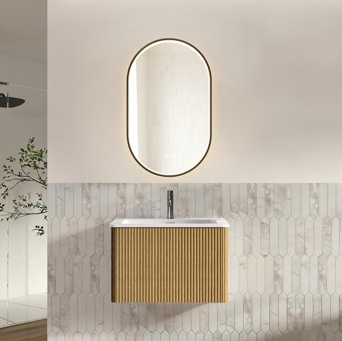 MODENUIT Badkamermeubelset - Wandmontage Met Ledspiegel En Lade - Badkamer - Eikenkleur - 60 cm